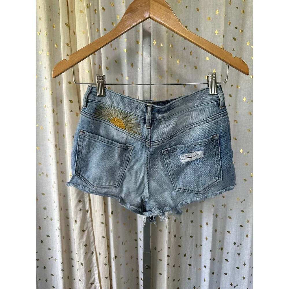 PacSun 100% Cotton High Rise Festival Distressed Raw Hem Denim Shorts 25